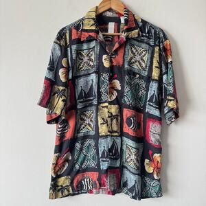 Burma Bibas Shirt Mens XL Colorful‎ SIlk Tropical Sailboat Resort Vacation Camp